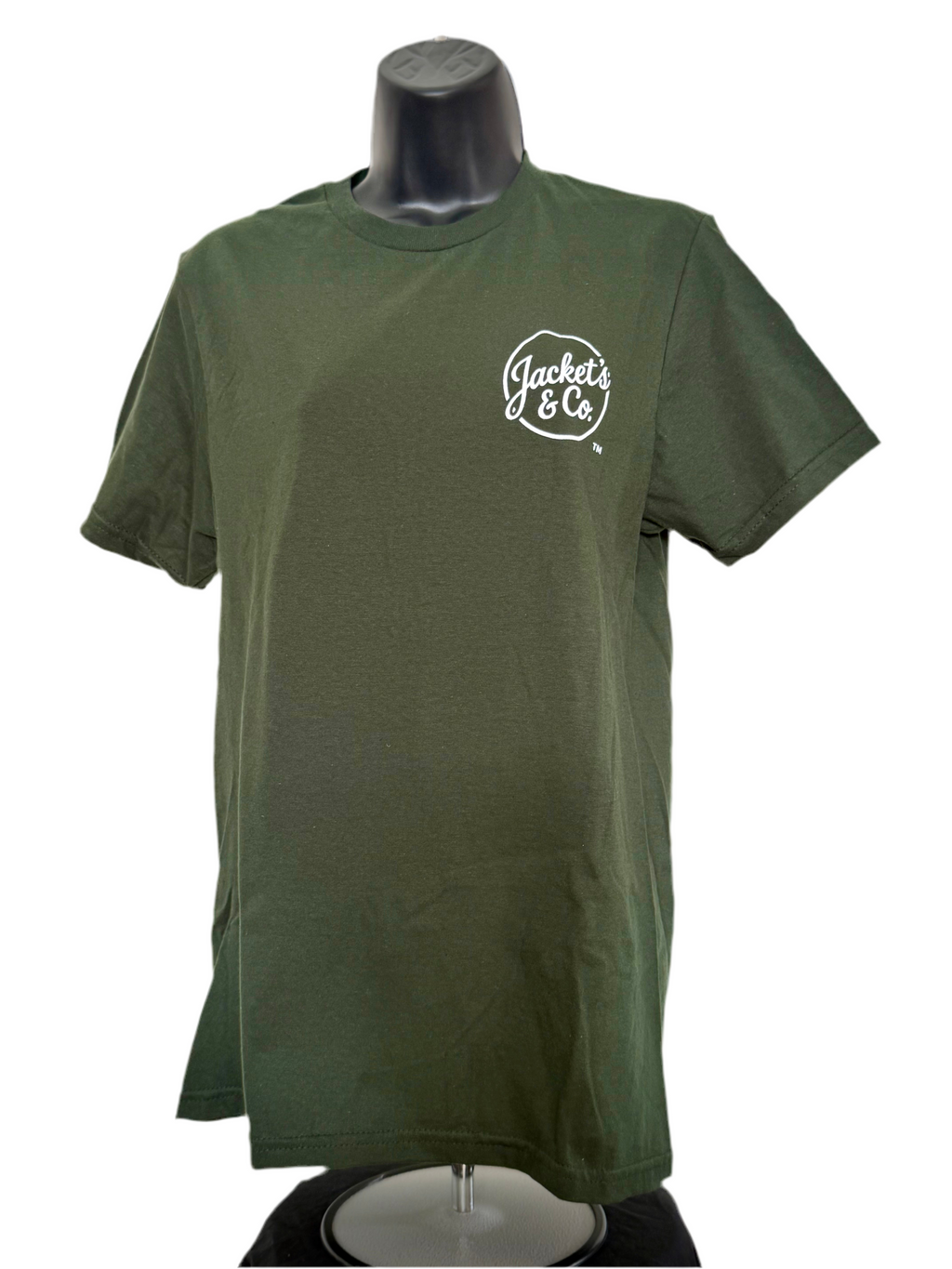 Green T-shirt with white distressed font
