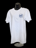 White T-shirt with distressed Royal blue font