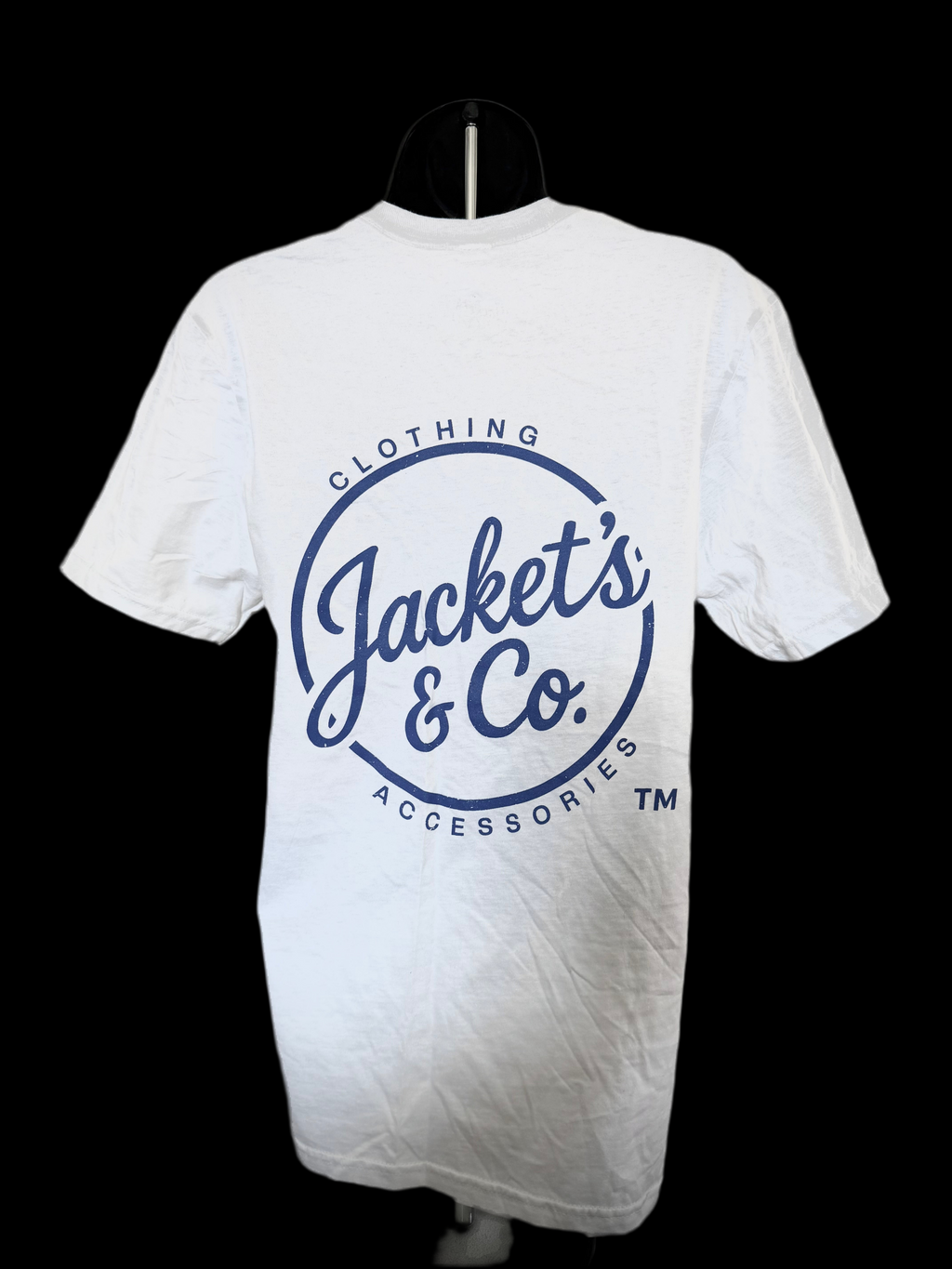 White T-shirt with distressed Royal blue font