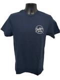 Navy T-shirt with white distressed font